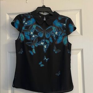 Ted Baker Chic Black Top with Blue Butterfly Design